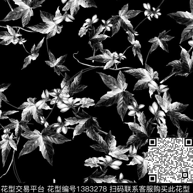 黑白华亿平台花卉大牌风数码印花华亿平台下载（图片编号: 1383278） - 瓦栏（Walan）
