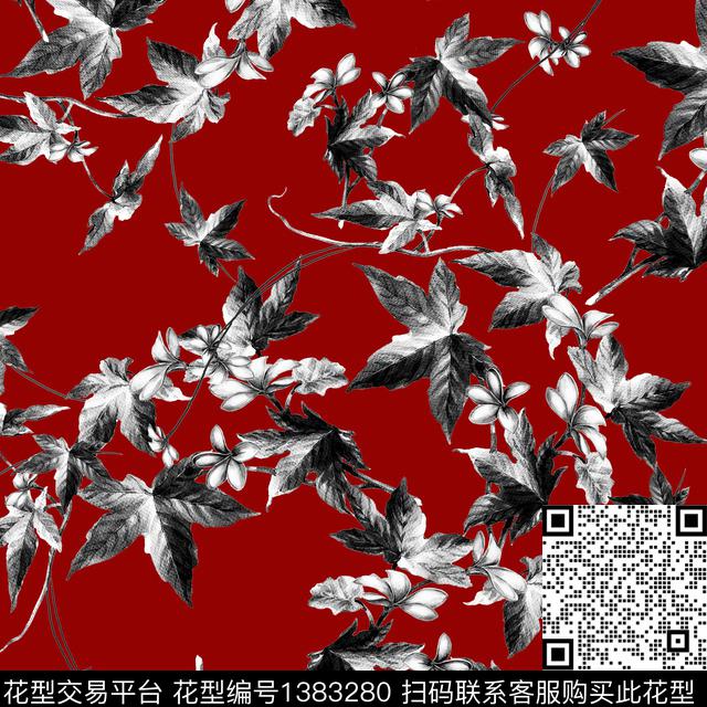 黑白华亿平台花卉大牌风数码印花华亿平台下载（图片编号: 1383280） - 瓦栏（Walan）