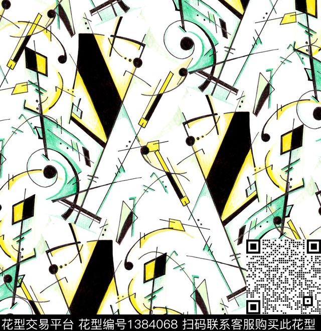 手绘抽象笔画大牌走秀数码印花华亿平台下载（图片编号: 1384068） - 瓦栏（Walan）