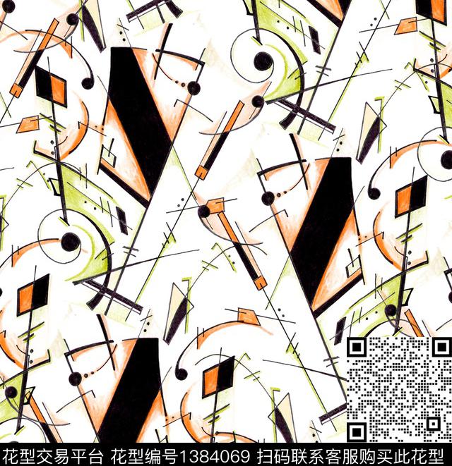 手绘抽象笔画大牌走秀数码印花华亿平台下载（图片编号: 1384069） - 瓦栏（Walan）