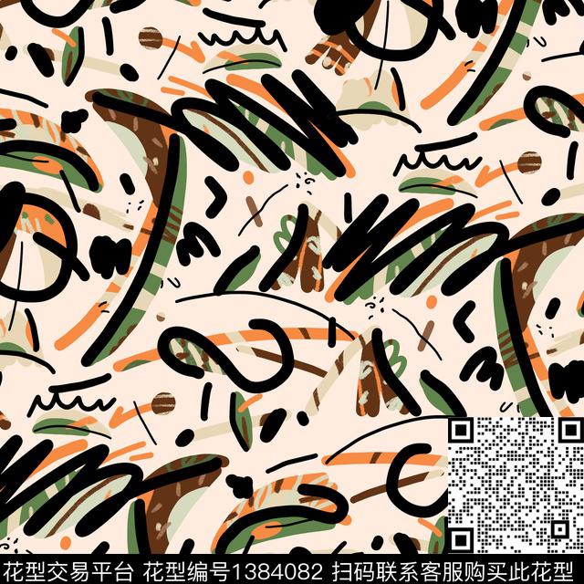 手绘抽象笔画大牌走秀数码印花华亿平台下载（图片编号: 1384082） - 瓦栏（Walan）