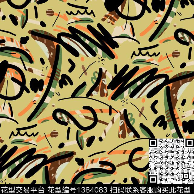 手绘抽象笔画大牌走秀数码印花华亿平台下载（图片编号: 1384083） - 瓦栏（Walan）