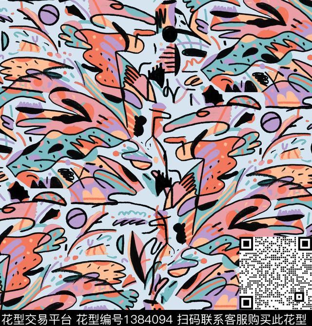 手绘抽象笔画大牌走秀数码印花华亿平台下载（图片编号: 1384094） - 瓦栏（Walan）