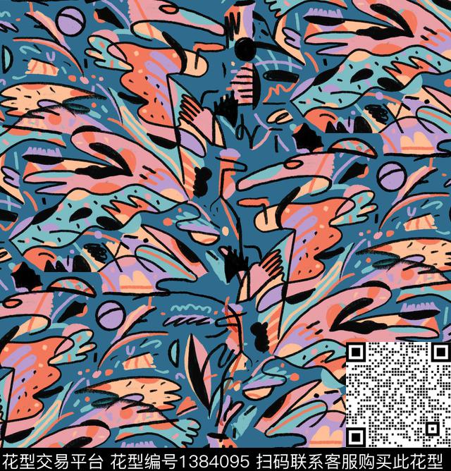 手绘抽象笔画大牌走秀数码印花华亿平台下载（图片编号: 1384095） - 瓦栏（Walan）