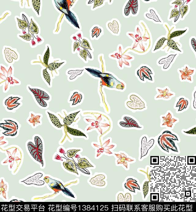 鹦鹉字母线条画数码印花华亿平台下载（图片编号: 1384125） - 瓦栏（Walan）