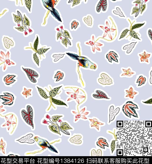 鹦鹉字母线条画数码印花华亿平台下载（图片编号: 1384126） - 瓦栏（Walan）