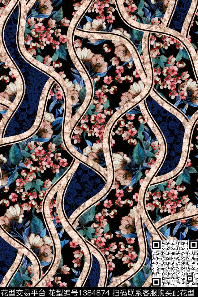 几何花卉女装混合拼接数码印花华亿平台下载（图片编号: 1384874） - 瓦栏（Walan）