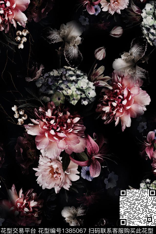黑底花卉复古花卉数码印花华亿平台下载（图片编号: 1385067） - 瓦栏（Walan）