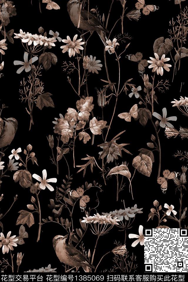 黑底花卉花卉大牌风数码印花华亿平台下载（图片编号: 1385069） - 瓦栏（Walan）