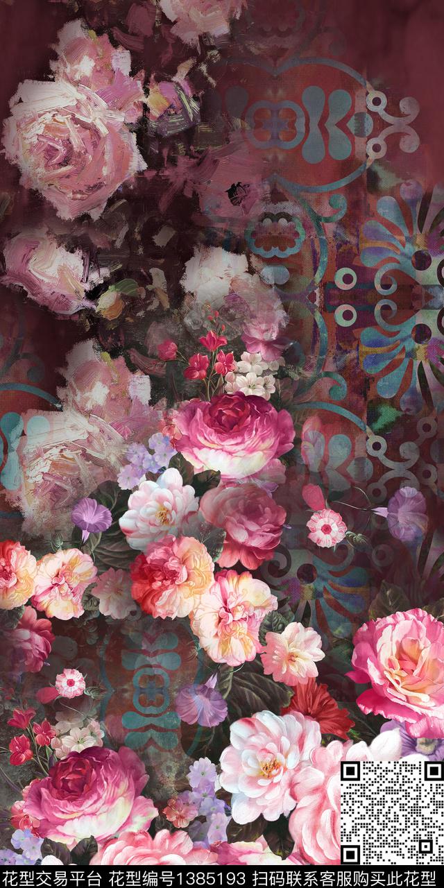 时尚女装定位花民族花卉数码印花华亿平台下载（图片编号: 1385193） - 瓦栏（Walan）