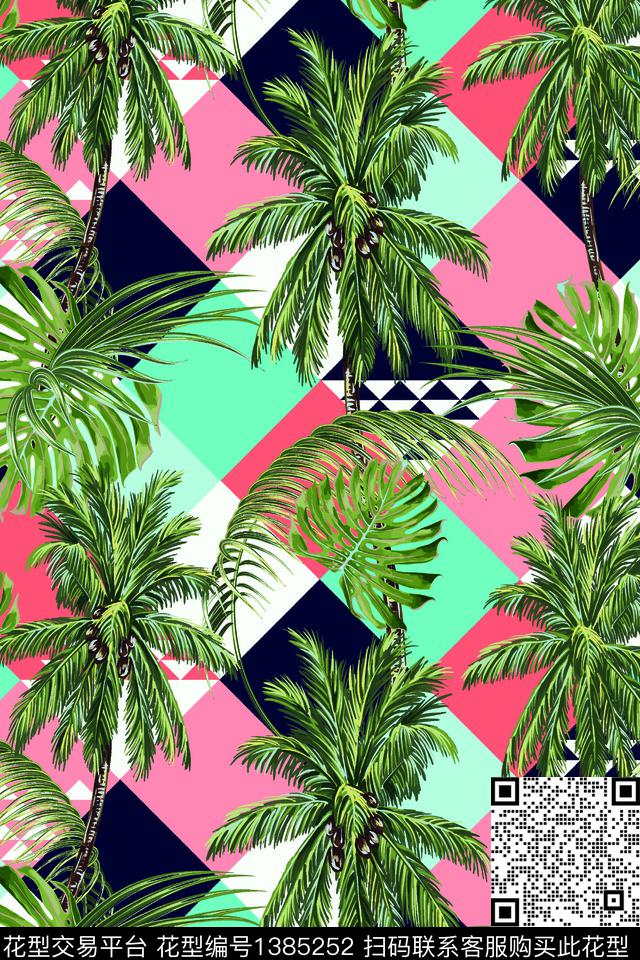 几何菱形椰子树数码印花华亿平台下载（图片编号: 1385252） - 瓦栏（Walan）