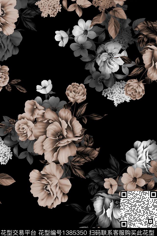 黑底花卉花卉大牌风数码印花华亿平台下载（图片编号: 1385350） - 瓦栏（Walan）