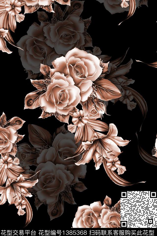 黑底花卉绿植树叶大牌风数码印花华亿平台下载（图片编号: 1385368） - 瓦栏（Walan）