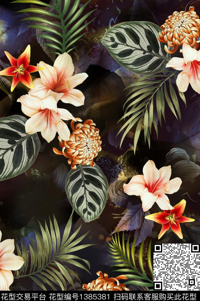 绿植树叶花卉春夏华亿平台数码印花华亿平台下载（图片编号: 1385381） - 瓦栏（Walan）