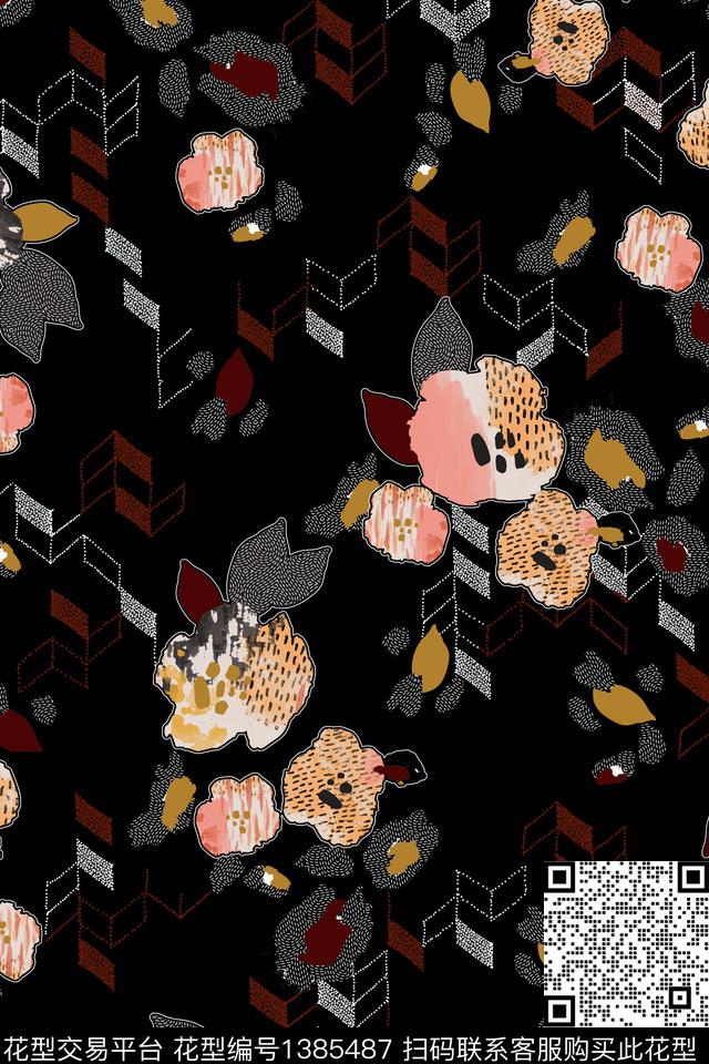 几何花卉雕印华亿平台数码印花华亿平台下载（图片编号: 1385487） - 瓦栏（Walan）