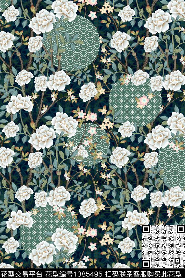 香云纱中国风花卉图案数码印花华亿平台下载（图片编号: 1385495） - 瓦栏（Walan）