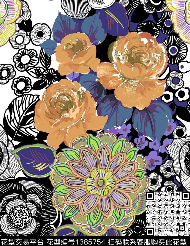 定位花大牌风中国风数码印花华亿平台下载（图片编号: 1385754） - 瓦栏（Walan）