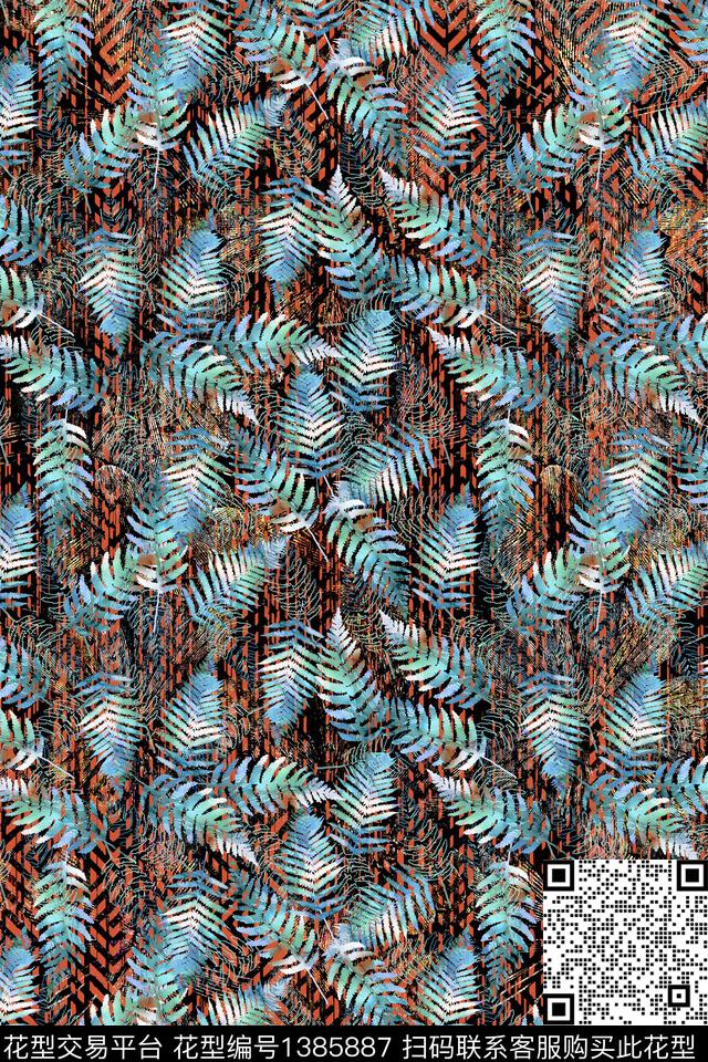 底纹绿植树叶满版散花数码印花华亿平台下载（图片编号: 1385887） - 瓦栏（Walan）