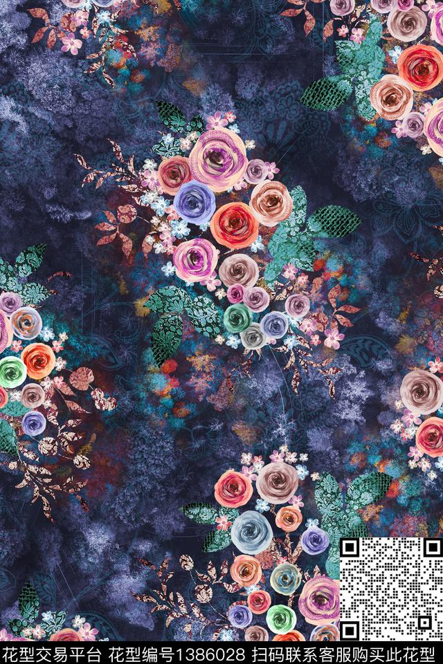 笔触花卉抽象数码印花华亿平台下载（图片编号: 1386028） - 瓦栏（Walan）