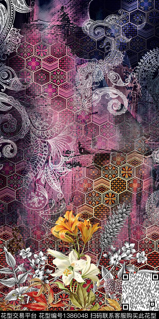 几何花卉女装定位花传统纹样数码印花华亿平台下载（图片编号: 1386048） - 瓦栏（Walan）