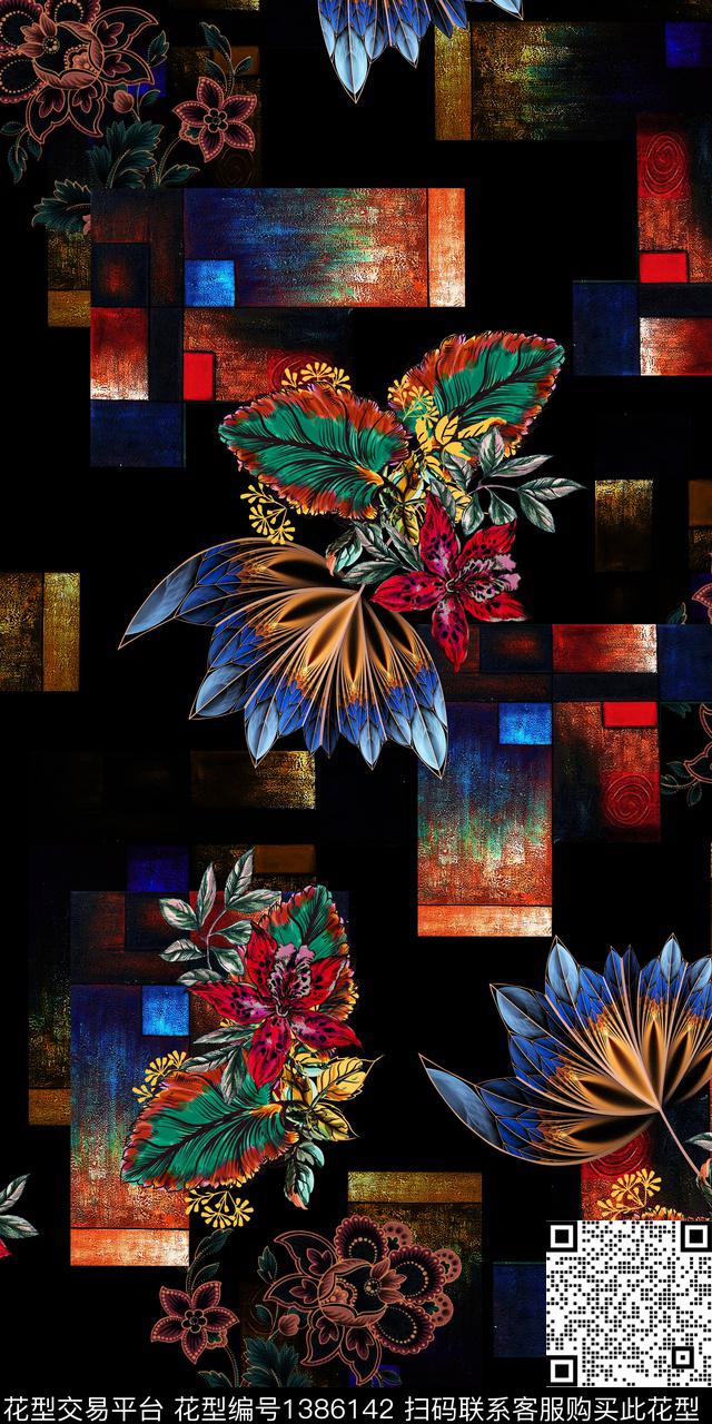 几何花卉热带华亿平台数码印花华亿平台下载（图片编号: 1386142） - 瓦栏（Walan）