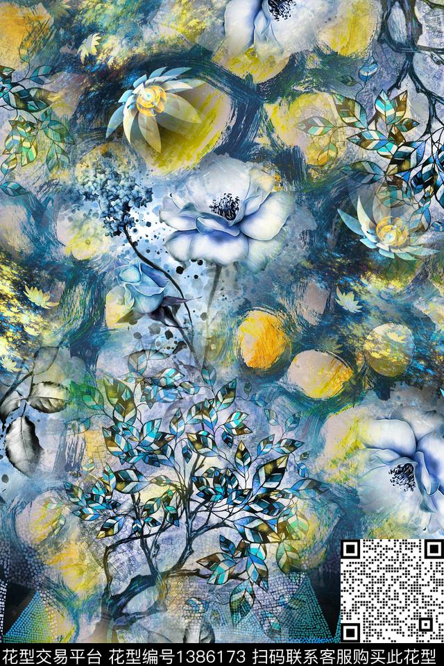 涂鸦抽象花卉抽象数码印花华亿平台下载（图片编号: 1386173） - 瓦栏（Walan）