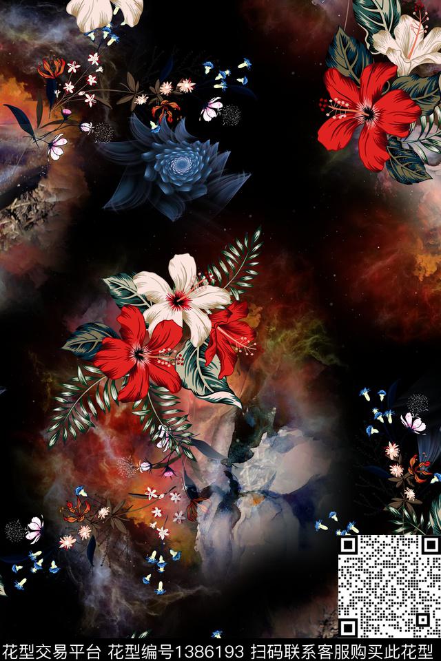 花卉大牌风抽象数码印花华亿平台下载（图片编号: 1386193） - 瓦栏（Walan）