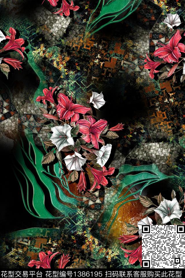 花卉大牌风抽象数码印花华亿平台下载（图片编号: 1386195） - 瓦栏（Walan）