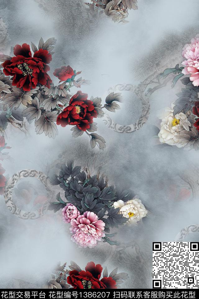 中国风真丝牡丹数码印花华亿平台下载（图片编号: 1386207） - 瓦栏（Walan）