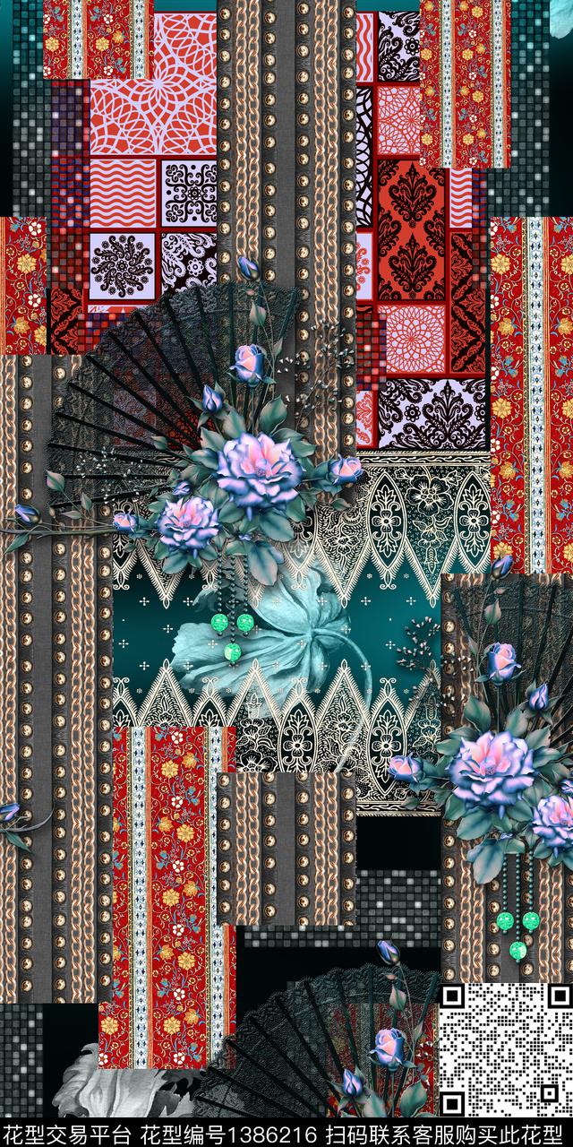 几何花卉条纹数码印花华亿平台下载（图片编号: 1386216） - 瓦栏（Walan）