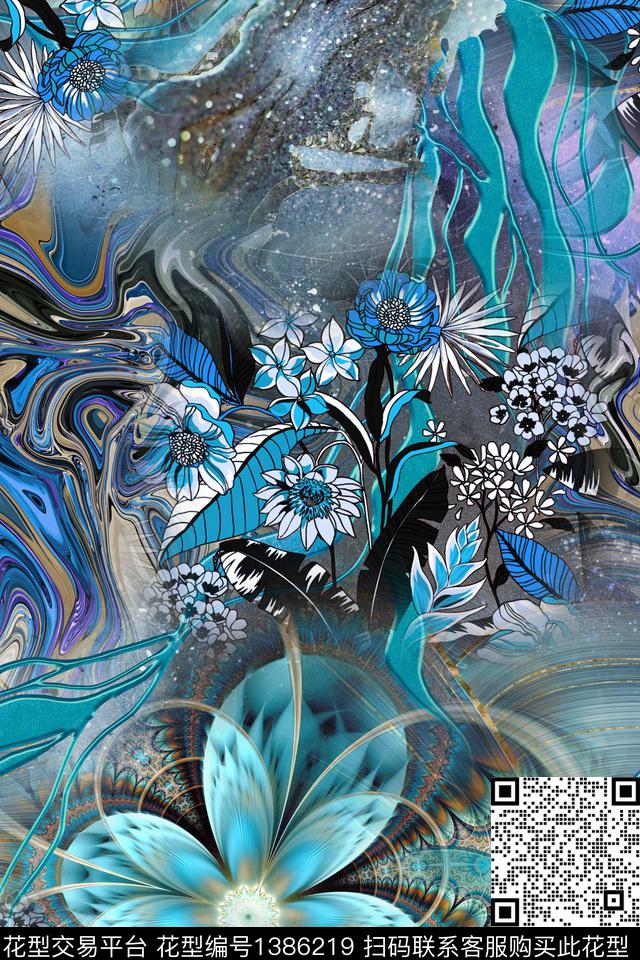 花卉大牌风抽象数码印花华亿平台下载（图片编号: 1386219） - 瓦栏（Walan）