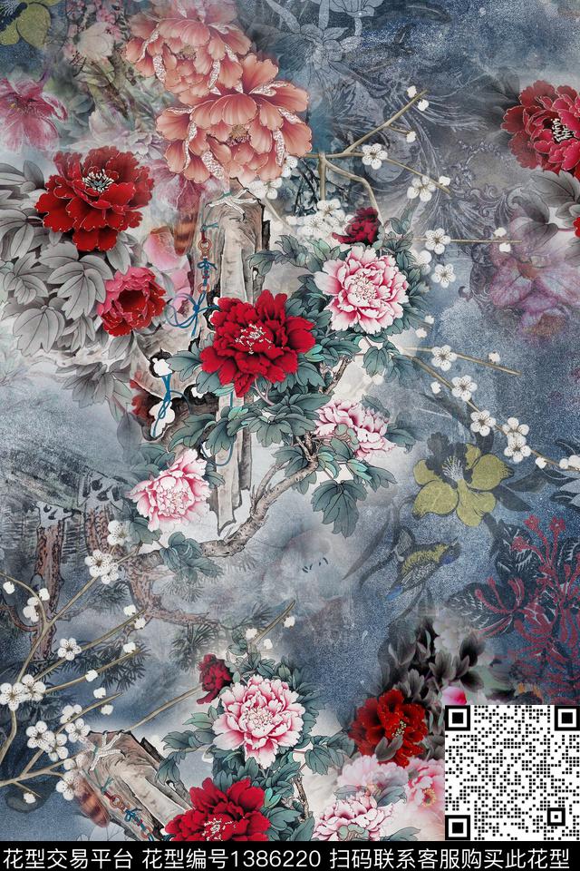 香云纱中国风牡丹数码印花华亿平台下载（图片编号: 1386220） - 瓦栏（Walan）