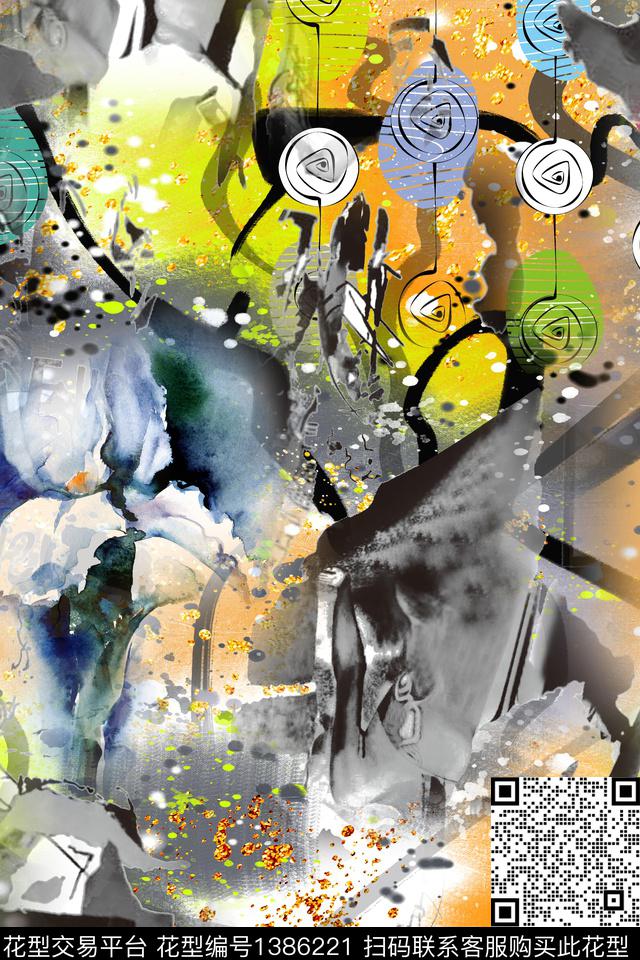 花卉大牌风抽象数码印花华亿平台下载（图片编号: 1386221） - 瓦栏（Walan）