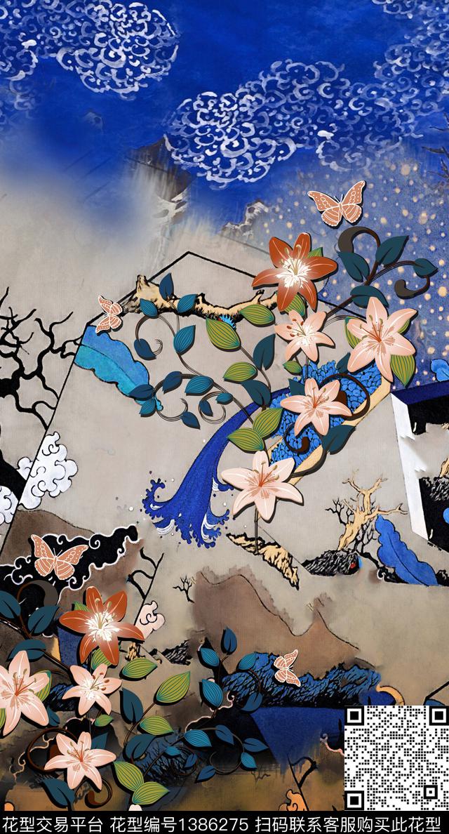 中国风定位花复古旗袍华亿平台香云纱旗袍花数码印花华亿平台下载（图片编号: 1386275） - 瓦栏（Walan）