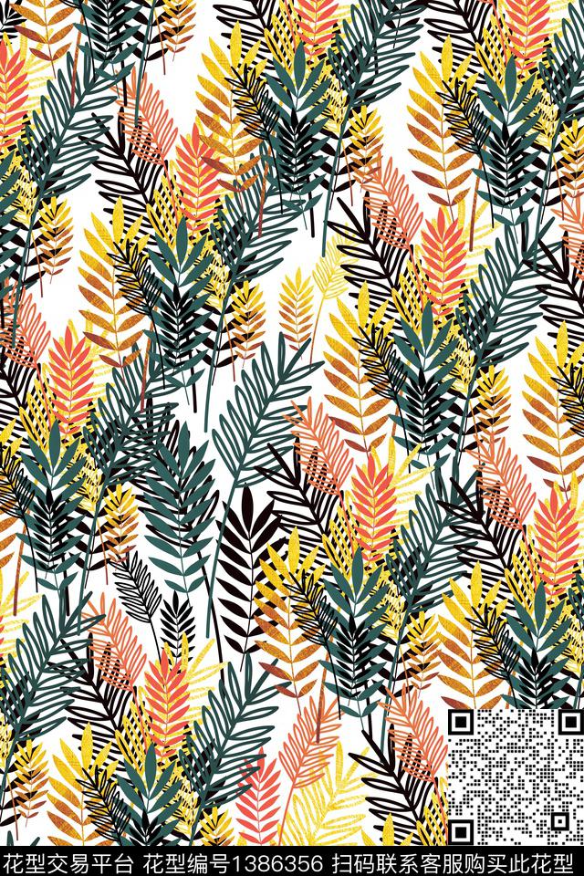 绿植树叶大牌风手绘数码印花华亿平台下载（图片编号: 1386356） - 瓦栏（Walan）