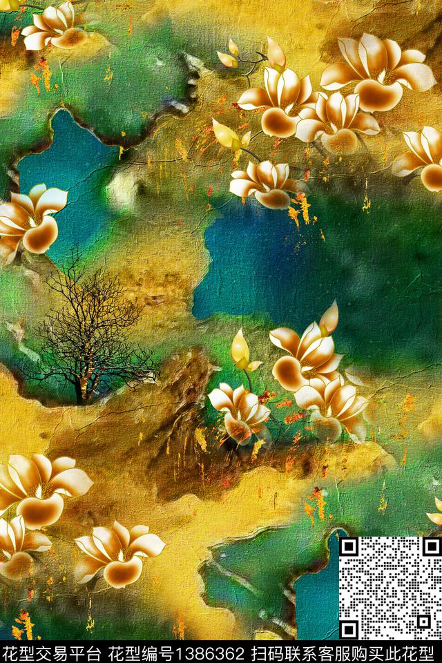 玉兰花花卉旗袍数码印花华亿平台下载（图片编号: 1386362） - 瓦栏（Walan）