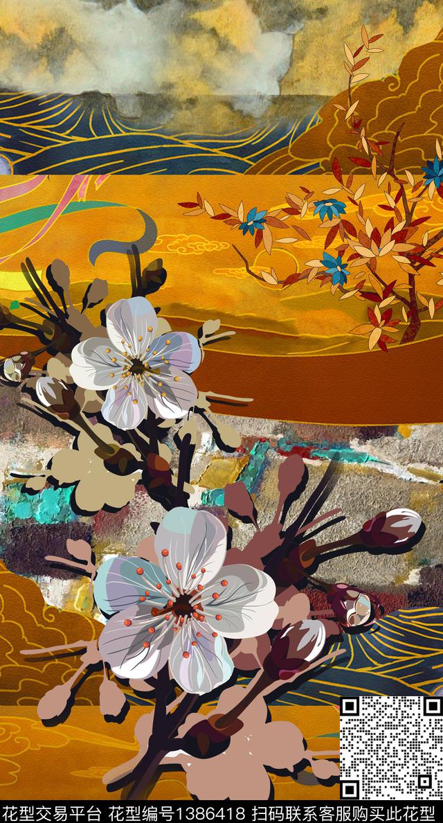 中国风定位花真丝复古旗袍华亿平台数码印花华亿平台下载（图片编号: 1386418） - 瓦栏（Walan）