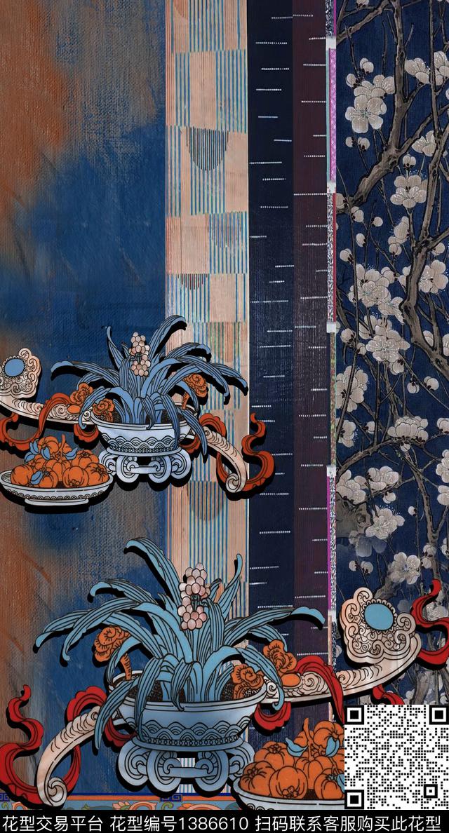 中国风定位花真丝复古旗袍花数码印花华亿平台下载（图片编号: 1386610） - 瓦栏（Walan）