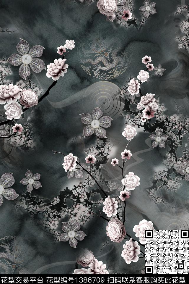 香云纱中国风真丝数码印花华亿平台下载（图片编号: 1386709） - 瓦栏（Walan）