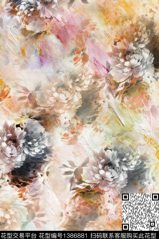 肌理抽象花卉花卉数码印花华亿平台下载（图片编号: 1386881） - 瓦栏（Walan）