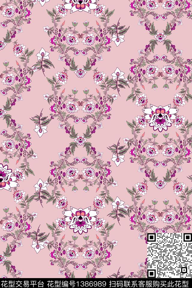 定位花花卉对称花数码印花华亿平台下载（图片编号: 1386989） - 瓦栏（Walan）