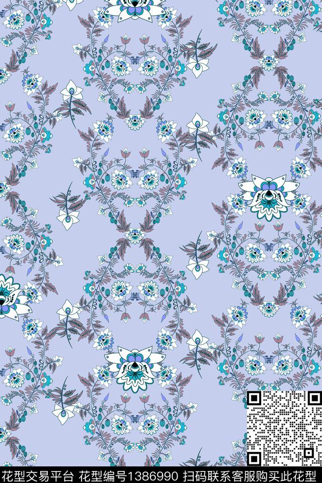 定位花花卉对称花数码印花华亿平台下载（图片编号: 1386990） - 瓦栏（Walan）