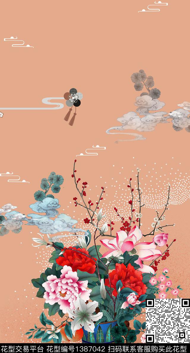祥云中国风定位花真丝数码印花华亿平台下载（图片编号: 1387042） - 瓦栏（Walan）