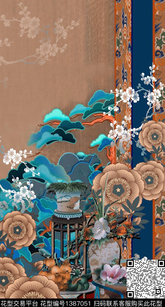 中国风定位花真丝复古旗袍花数码印花华亿平台下载（图片编号: 1387051） - 瓦栏（Walan）