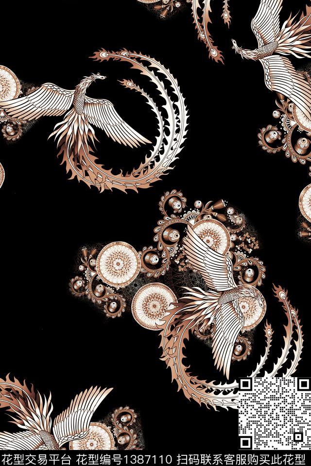 凤凰中国风真丝数码印花华亿平台下载（图片编号: 1387110） - 瓦栏（Walan）