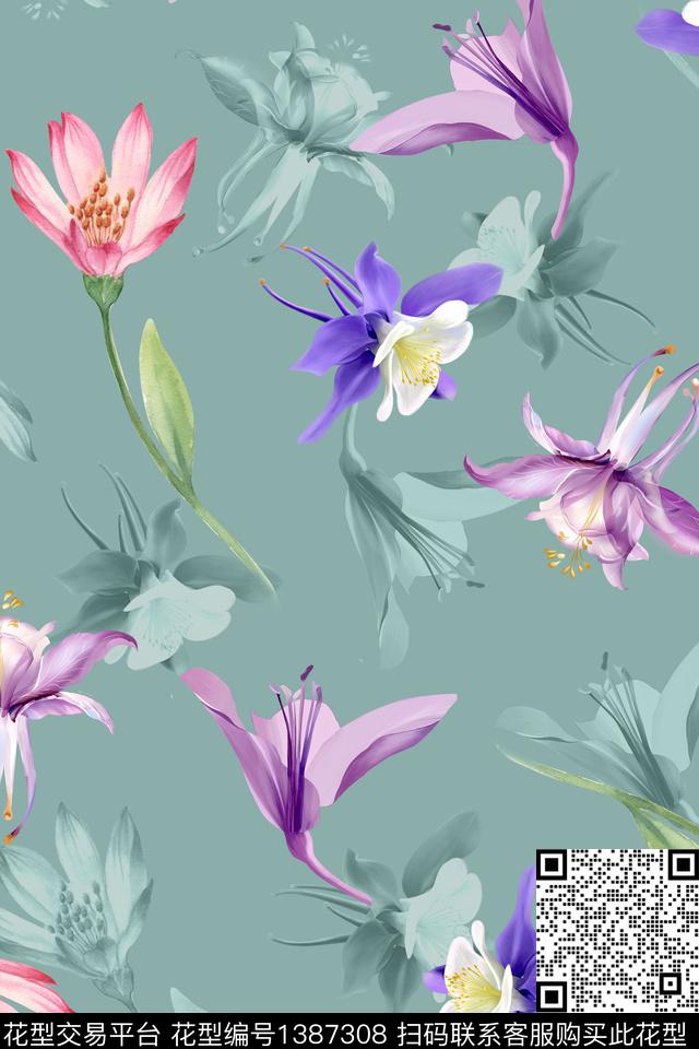 花卉大牌风小清新数码印花华亿平台下载（图片编号: 1387308） - 瓦栏（Walan）
