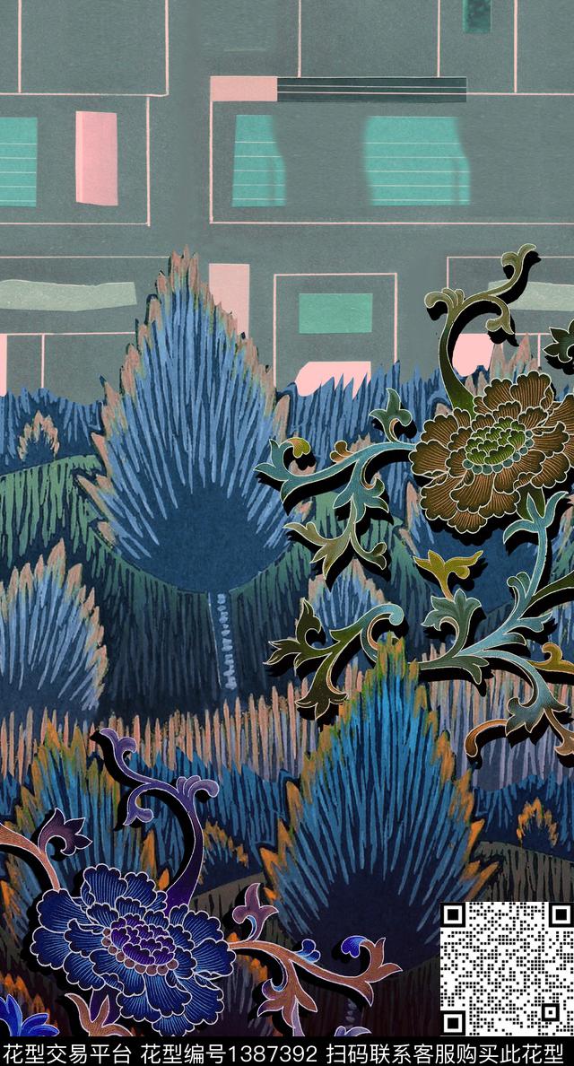 中国风定位花中老年华亿平台复古旗袍花数码印花华亿平台下载（图片编号: 1387392） - 瓦栏（Walan）