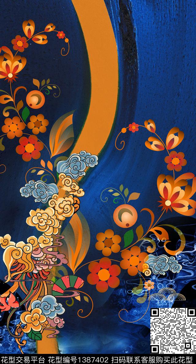 中国风定位花真丝复古旗袍花数码印花华亿平台下载（图片编号: 1387402） - 瓦栏（Walan）