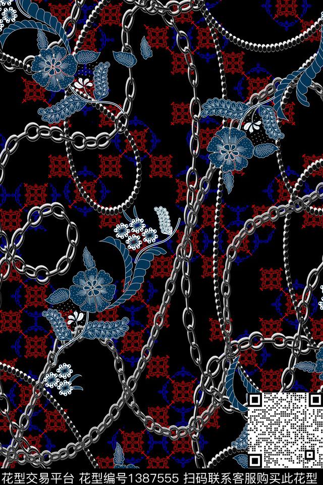 几何链条花卉数码印花华亿平台下载（图片编号: 1387555） - 瓦栏（Walan）
