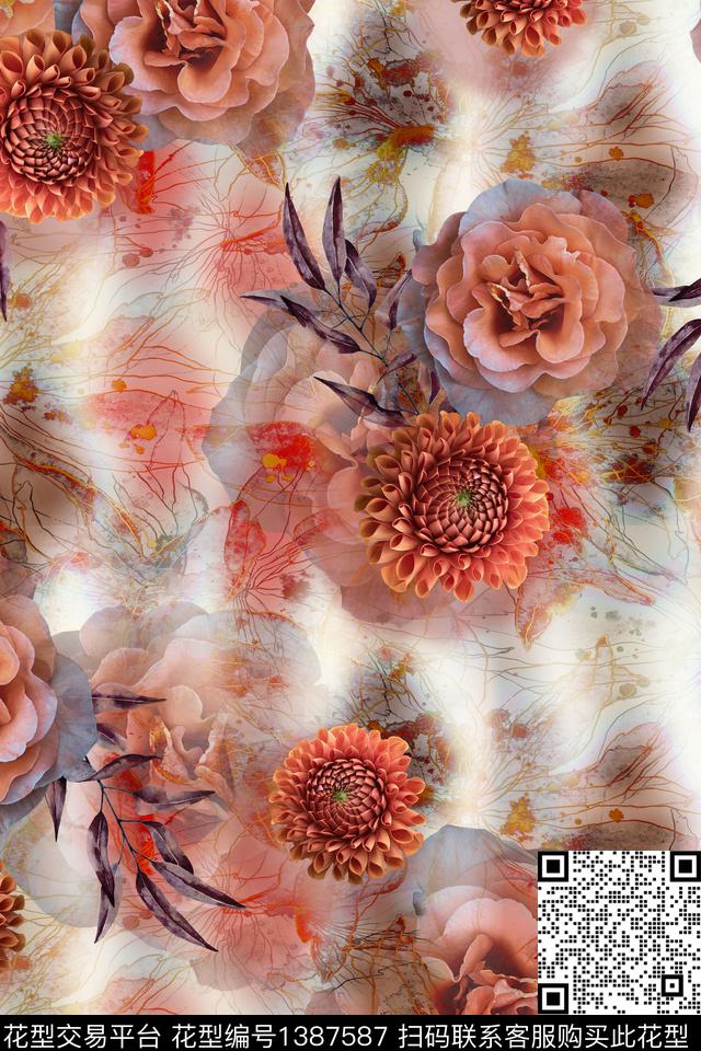 花卉满版散花中老年数码印花华亿平台下载（图片编号: 1387587） - 瓦栏（Walan）